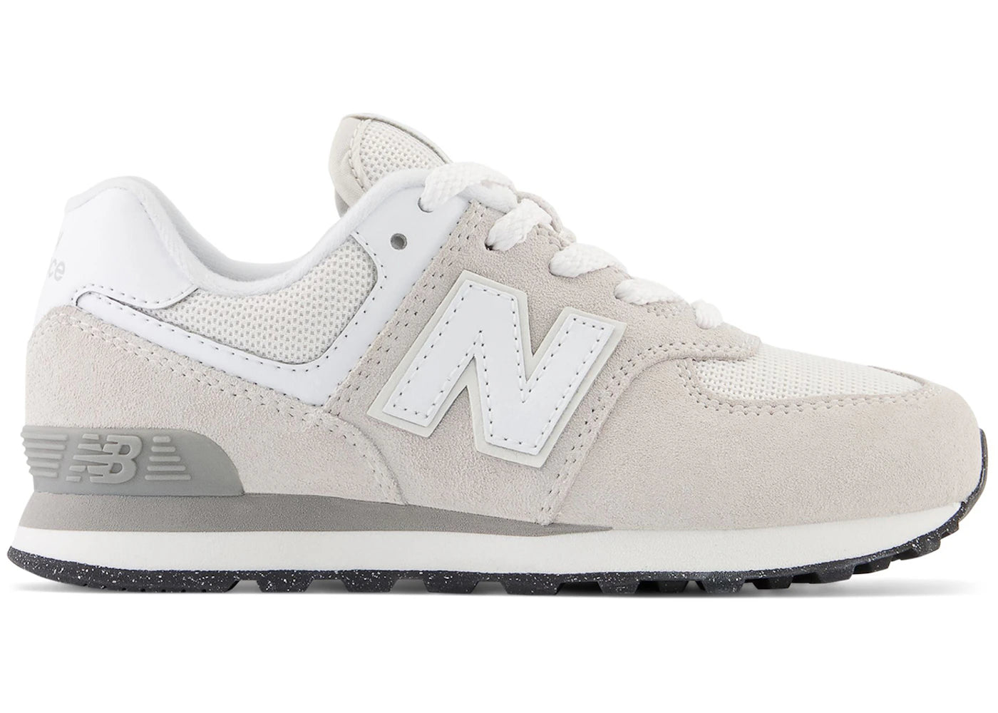 Side view on white background of Womens New Balance 574 Core running shoe in Nimbus Cloud/White, Medium (Regular) width