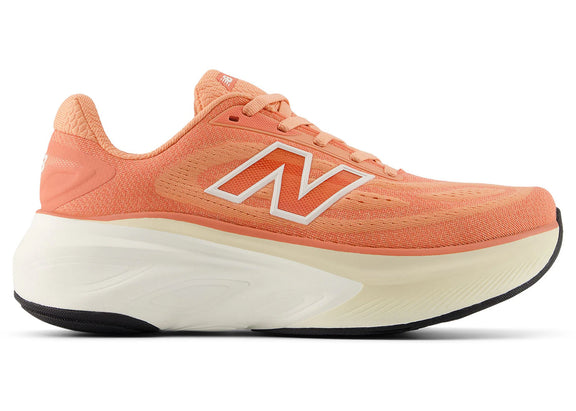 Side view on white background of Womens New Balance Fresh Foam X More v6 running shoe in Peach Nectar/Flare/Bisque, Wide width