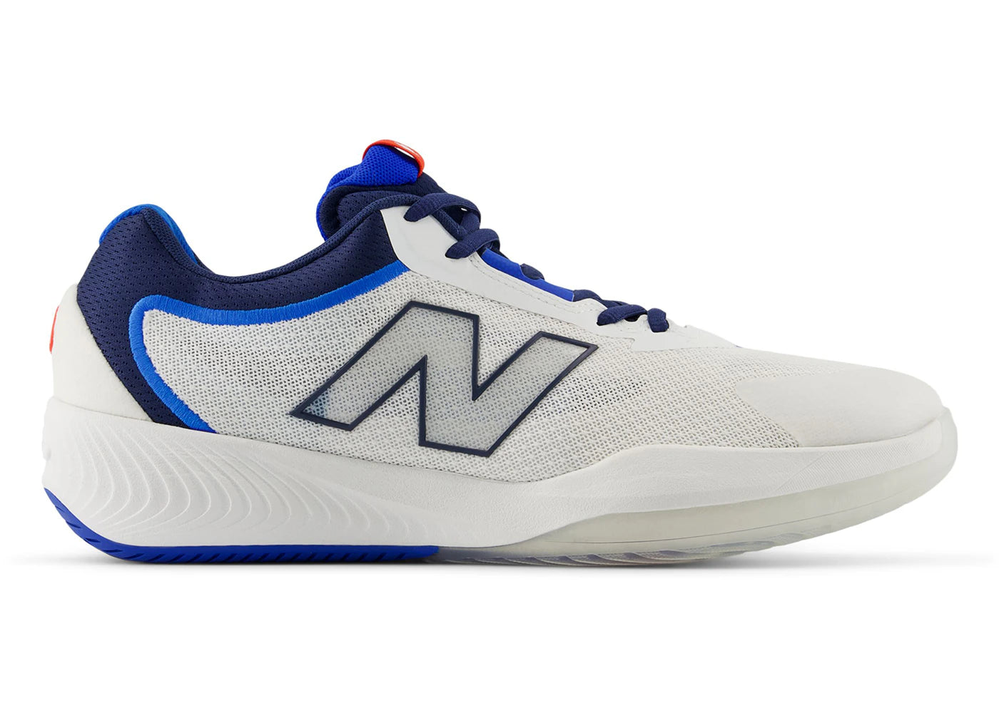Side view on white background of Womens New Balance FuelCell 996v6 running shoe in White/Navy, Medium (Regular) width