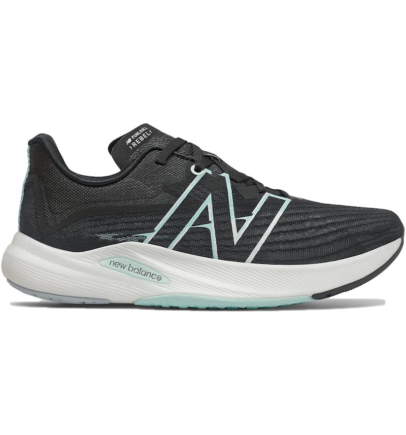 Side view on white background of Womens New Balance FuelCell Rebel V2 running shoe in Black/White Mint, Medium (Regular) width
