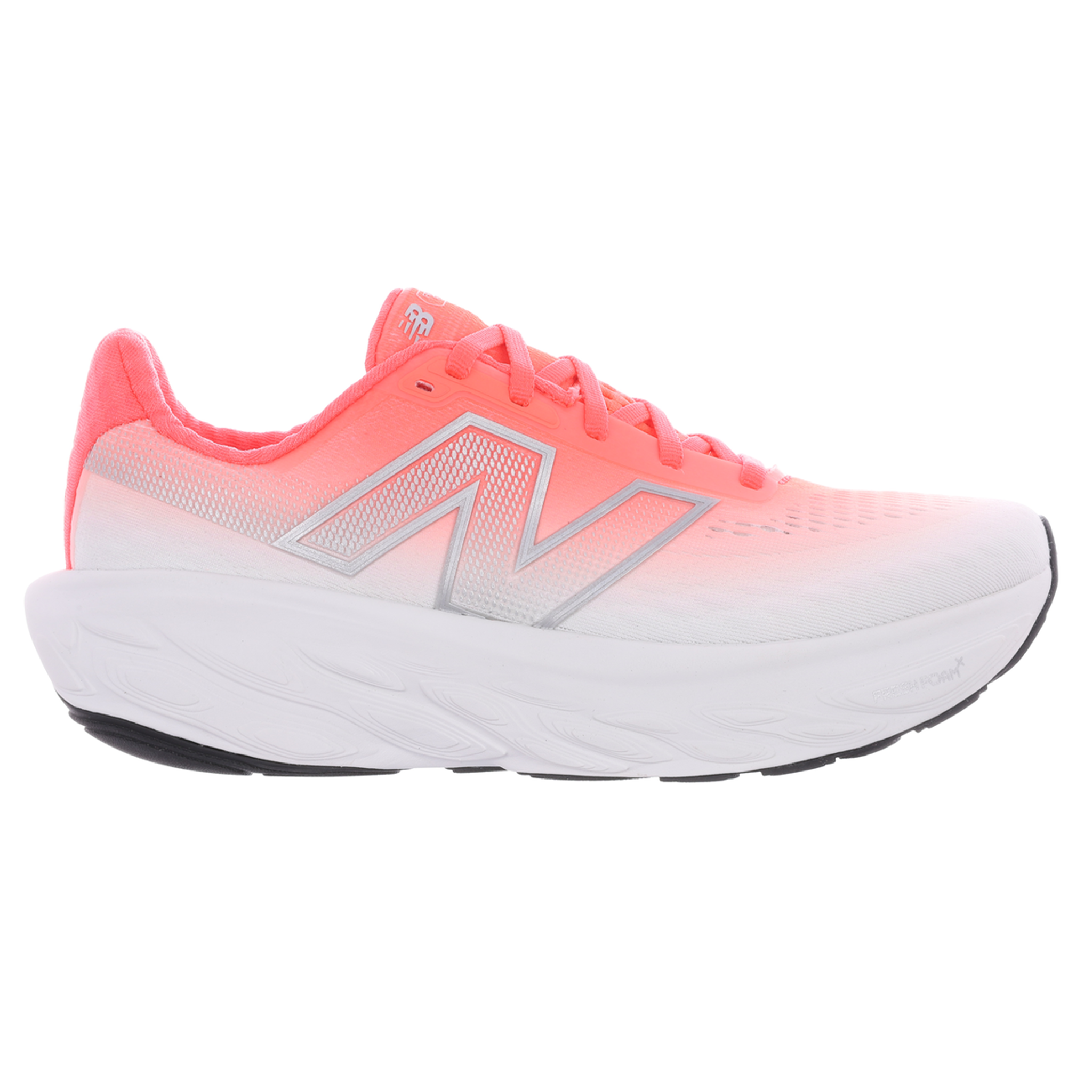 Side view on white background of Womens New Balance Fresh Foam X 1080v14 running shoe in Urgent Red/Silver Metallic/Light Silver Metallic, Wide width