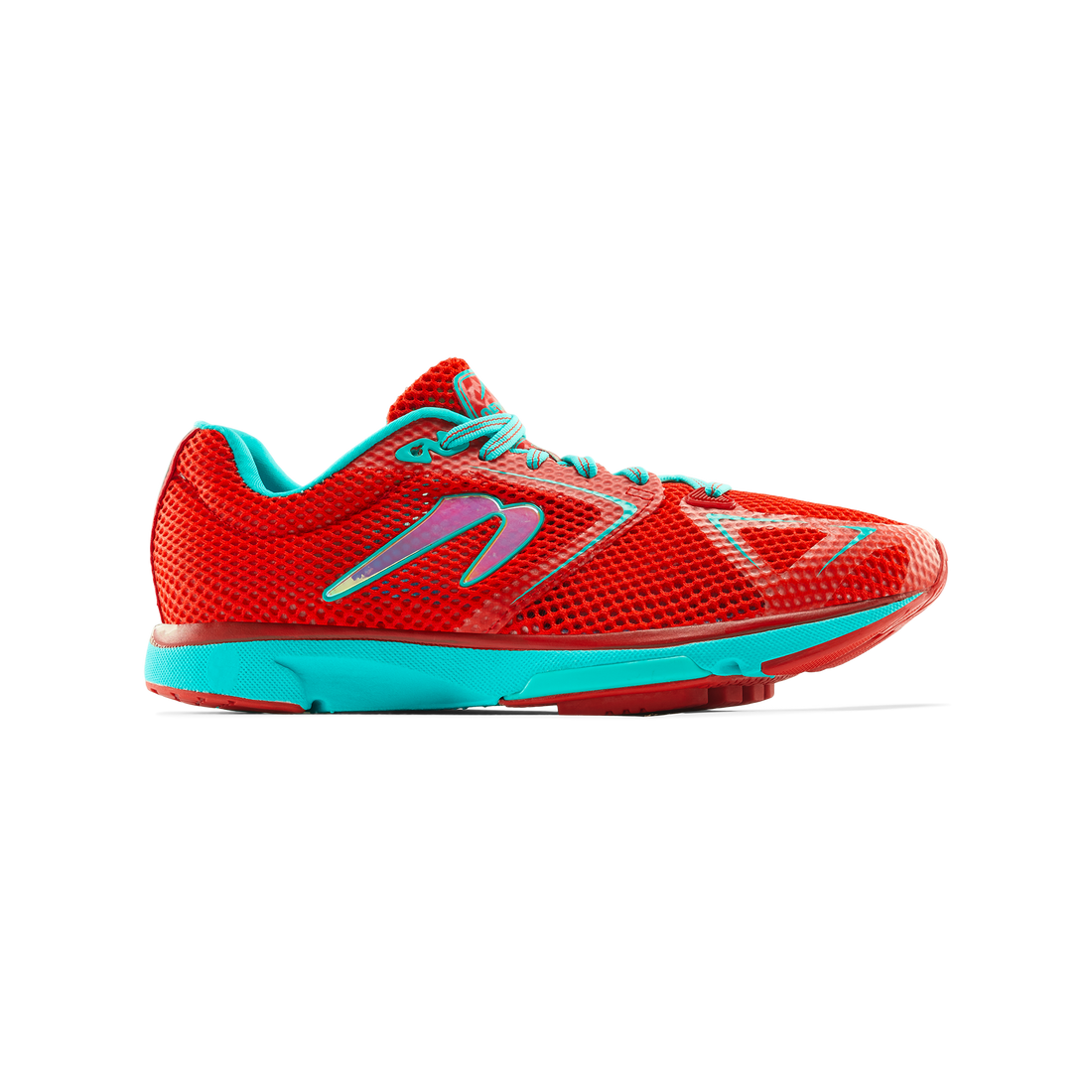 Side view on white background of Womens Newton Running Distance S 11 running shoe in Ruby Red/Aqua, Medium (Regular) width