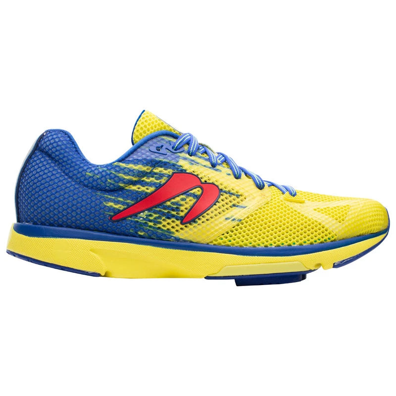 Side view on white background of Mens Newton Running Distance S 10 running shoe in Yellow/Royal Blue, Medium (Regular) width