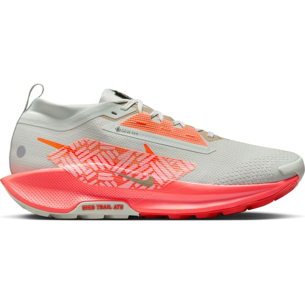 Side view on white background of Mens Nike Pegasus Trail 5 Gore-Tex running shoe in Light Silver/Hyper Crimson, Medium (Regular) width