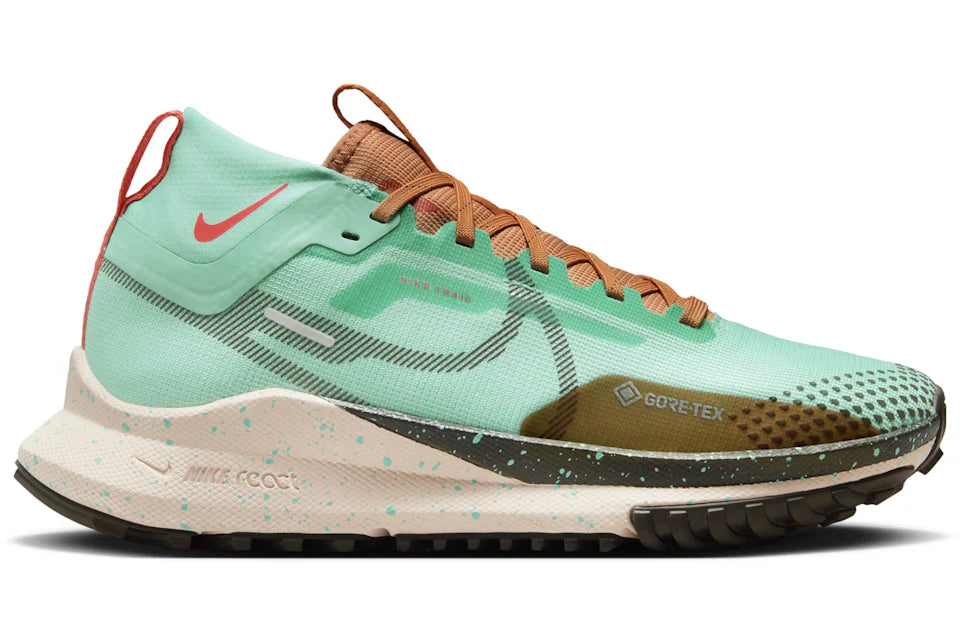 Side view on white background of Womens Nike Pegasus Trail 4 Gore-Tex running shoe in Emerald Rise/Sequioa, Medium (Regular) width