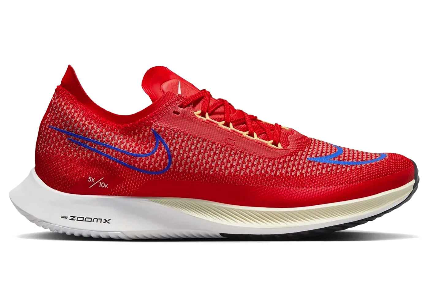 Side view on white background of Mens Nike ZoomX Streakfly running shoe in University Red/Blue Joy, Medium (Regular) width