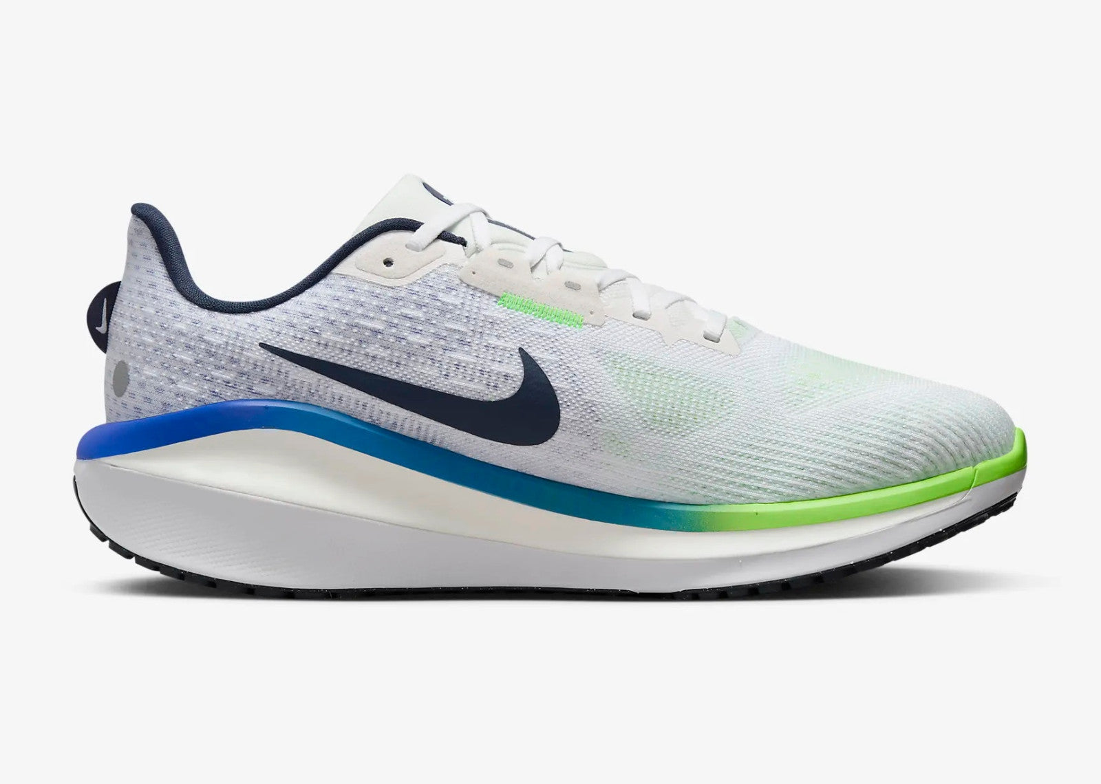 Side view on white background of Mens Nike Vomero 17 running shoe in White/Thunder Blue/Platinum Tint, Medium (Regular) width