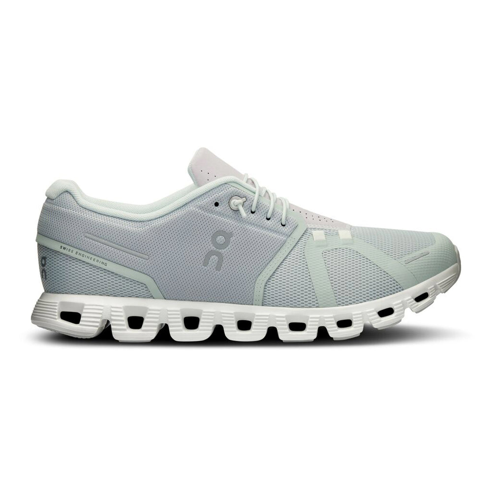 Side view on white background of Mens On Cloud 5 running shoe in Glacier/Glacier, Medium (Regular) width
