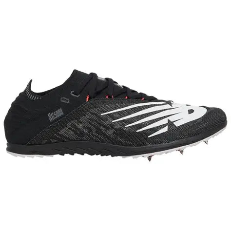 Side view on white background of Mens New Balance XC5K V5 running shoe in Black/Energy Red, Medium (Regular) width