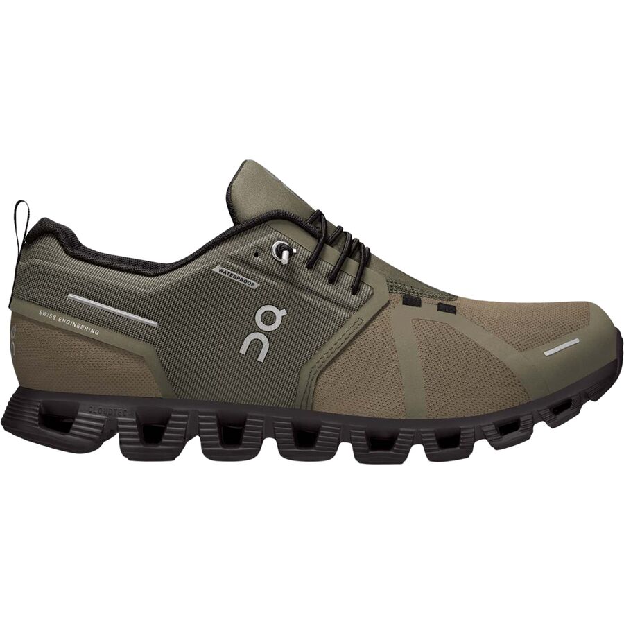 Side view on white background of Mens On Cloud 5 Waterproof running shoe in Olive/Black, Medium (Regular) width
