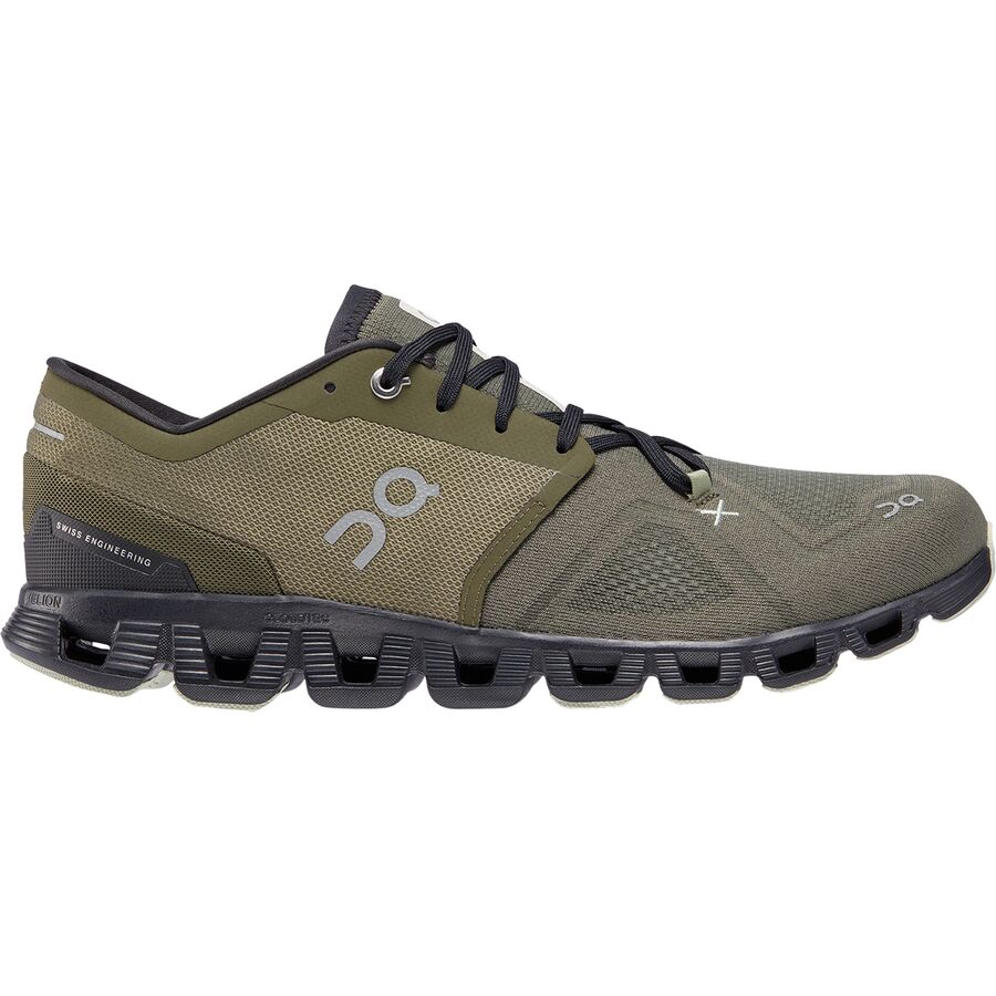 Side view on white background of Mens On Cloud X 3 running shoe in Olive/Reseda, Medium (Regular) width