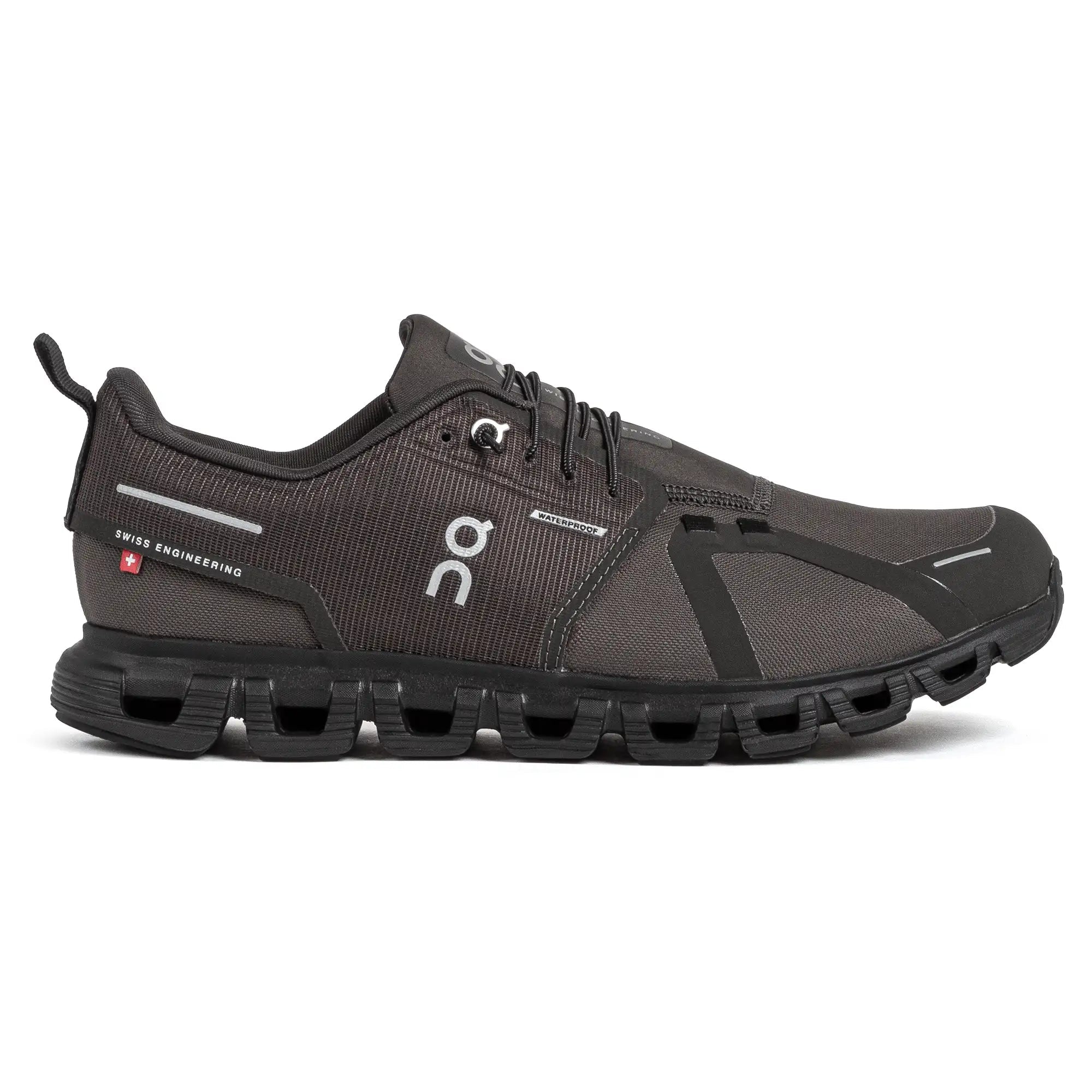 Side view on white background of Mens On Cloud 6 Waterproof running shoe in Thorn/Black, Medium (Regular) width