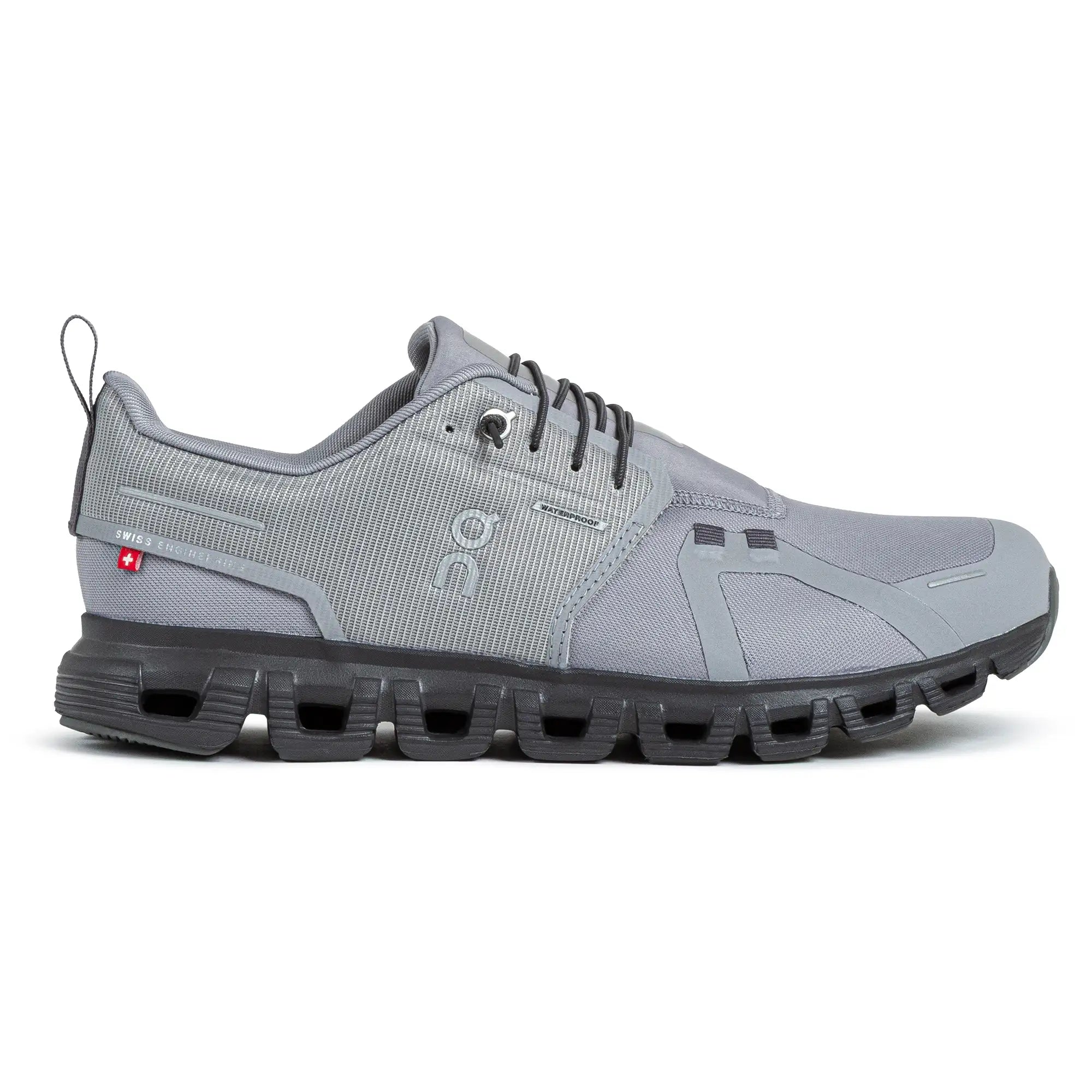 Side view on white background of Mens On Cloud 6 Waterproof running shoe in Alloy/Wolf, Medium (Regular) width