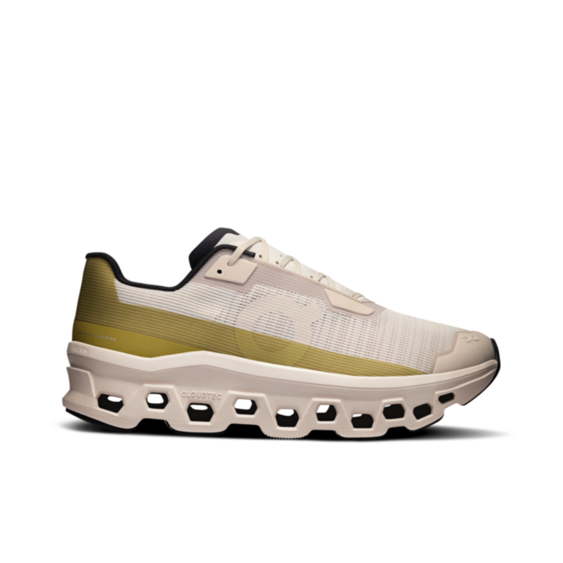 Side view on white background of Mens On Cloudmonster Void running shoe in Silver/Lense, Medium (Regular) width