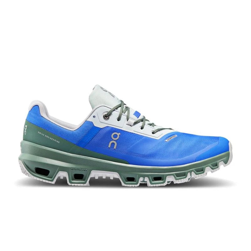 Side view on white background of Mens On Cloudventure Waterproof 3 running shoe in Cobalt/Ivy, Medium (Regular) width