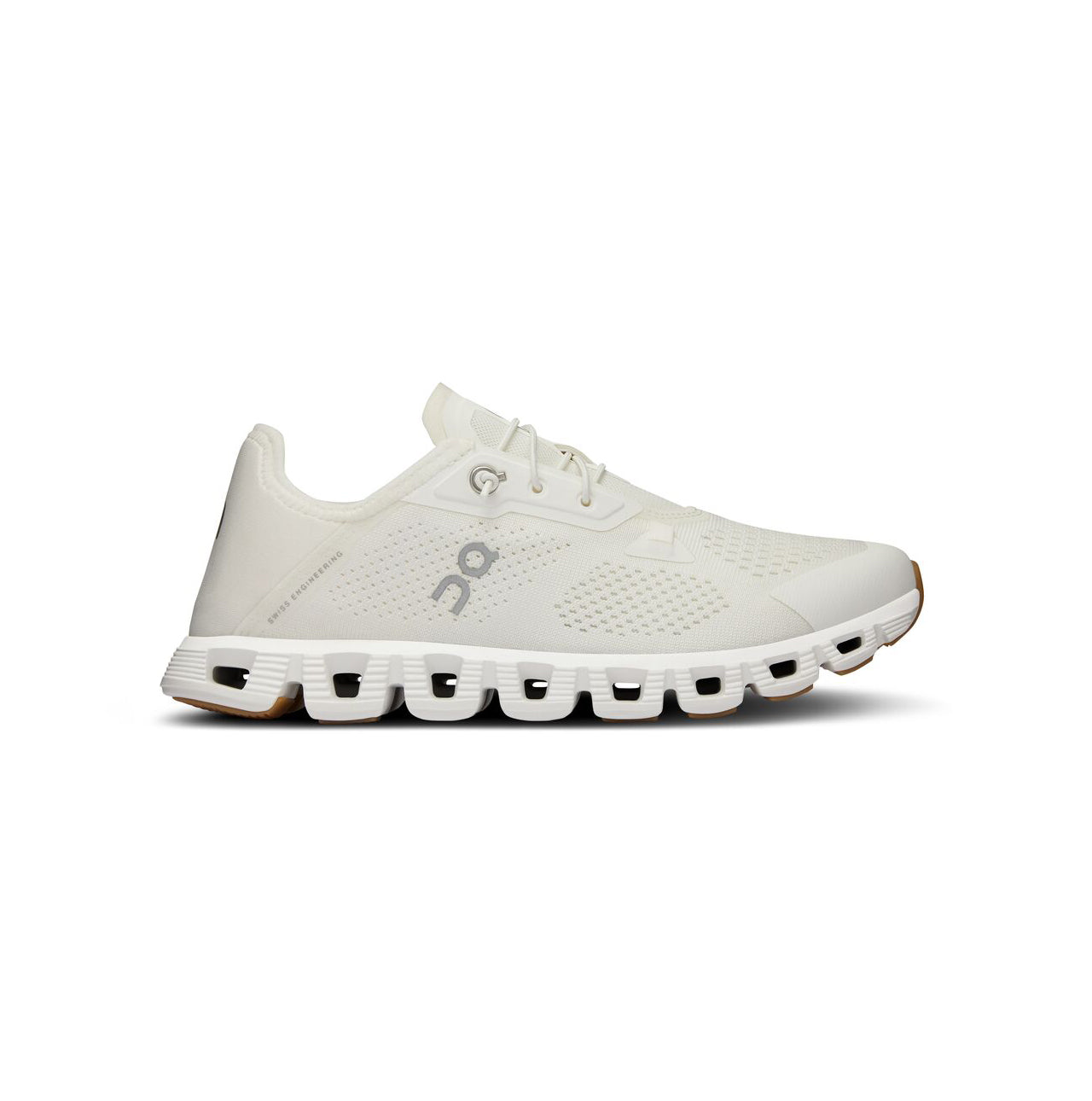 Side view on white background of Womens On Cloud 5 Coast running shoe in Undyed-White/White, Medium (Regular) width