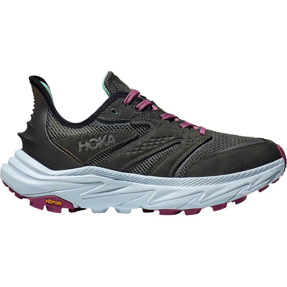 Side view on white background of Womens Hoka Anacapa 2 Freedom running shoe in Outer Orbit/Overcast, Medium (Regular) width