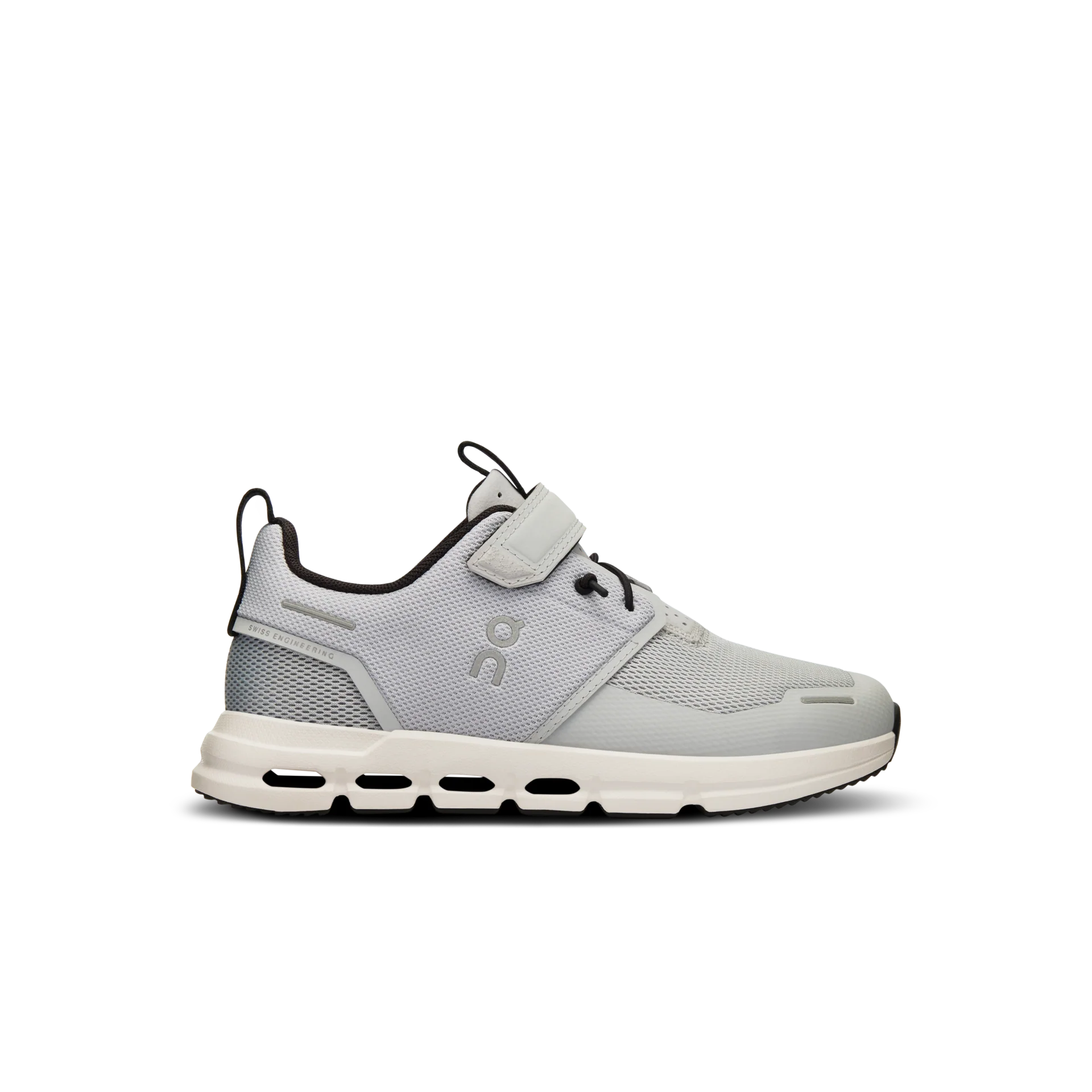 Side view on white background of Kids On shoe in Glacier/White, Medium (Regular) width