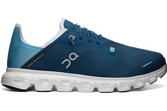 Side view on white background of Mens On Cloud 6 Coast running shoe in Tempest/Niagara, Medium (Regular) width