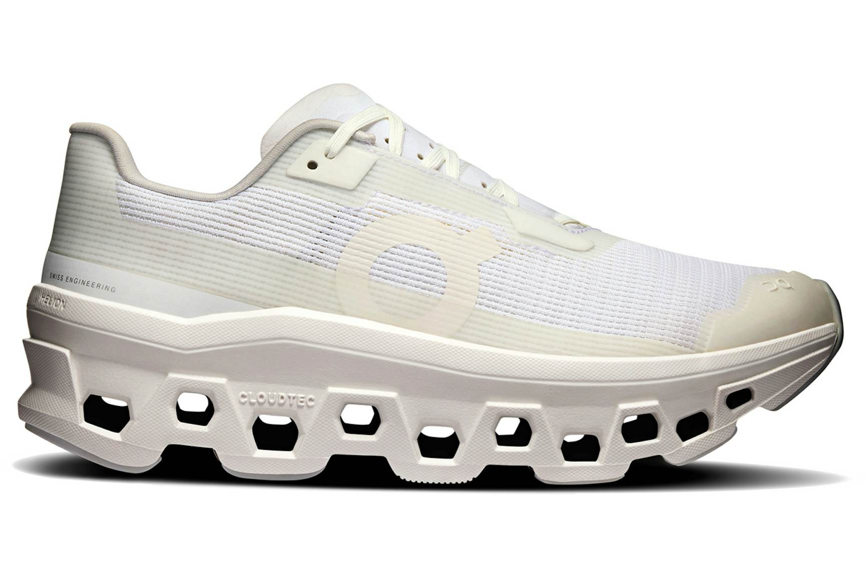 Side view on white background of Womens On Cloudmonster Void running shoe in White/White, Medium (Regular) width