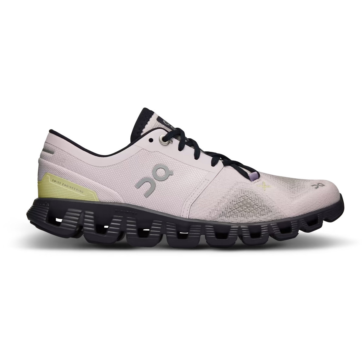 Side view on white background of Womens On Cloud X 3 running shoe in Orchid/Iron, Medium (Regular) width