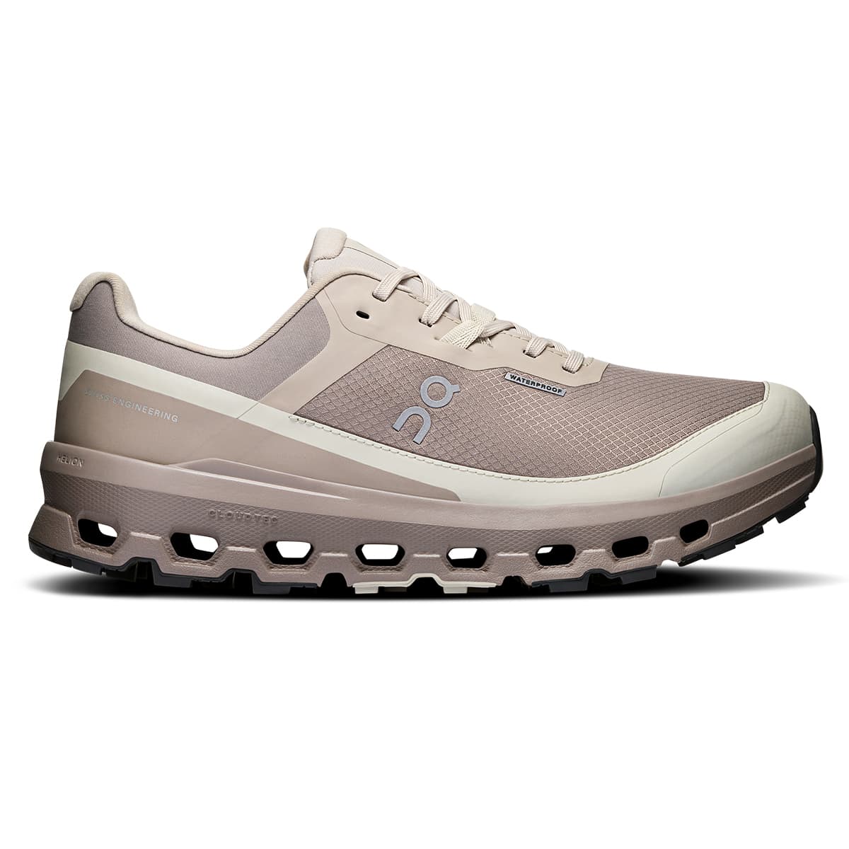 Side view on white background of Womens On Cloudvista 2 Waterproof running shoe in Fog/Cinder, Medium (Regular) width