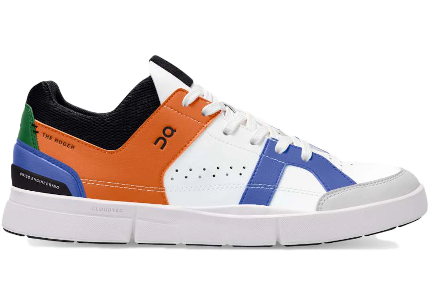 Side view on white background of Mens On The Roger Clubhouse running shoe in Orange/White, Medium (Regular) width