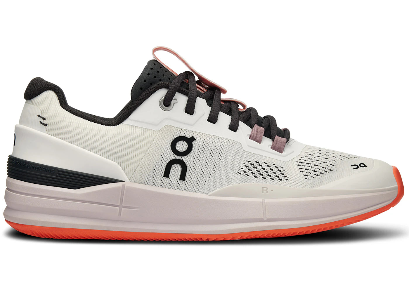 Side view on white background of Womens On The Roger Pro Clay running shoe in White/Lily, Medium (Regular) width