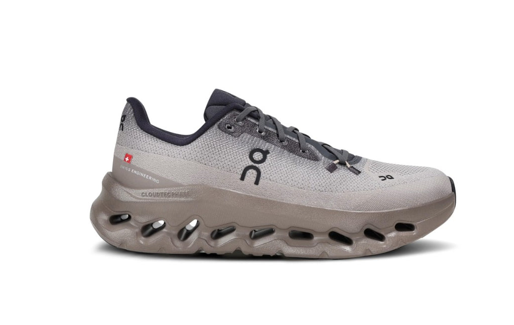 Side view on white background of Womens On Cloudtilt running shoe in Eclipse/Cinder, Medium (Regular) width