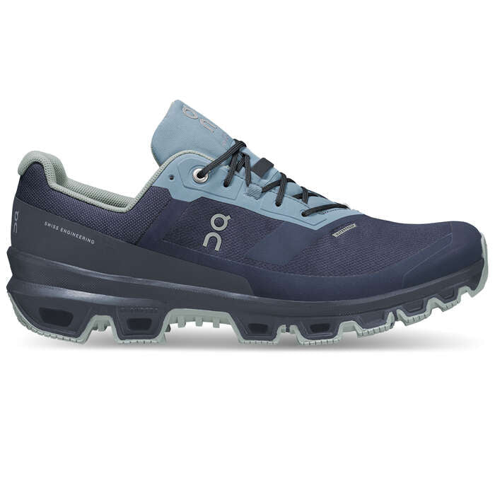Side view on white background of Womens On Cloudventure Waterproof 3 running shoe in Denim/Midnight, Medium (Regular) width
