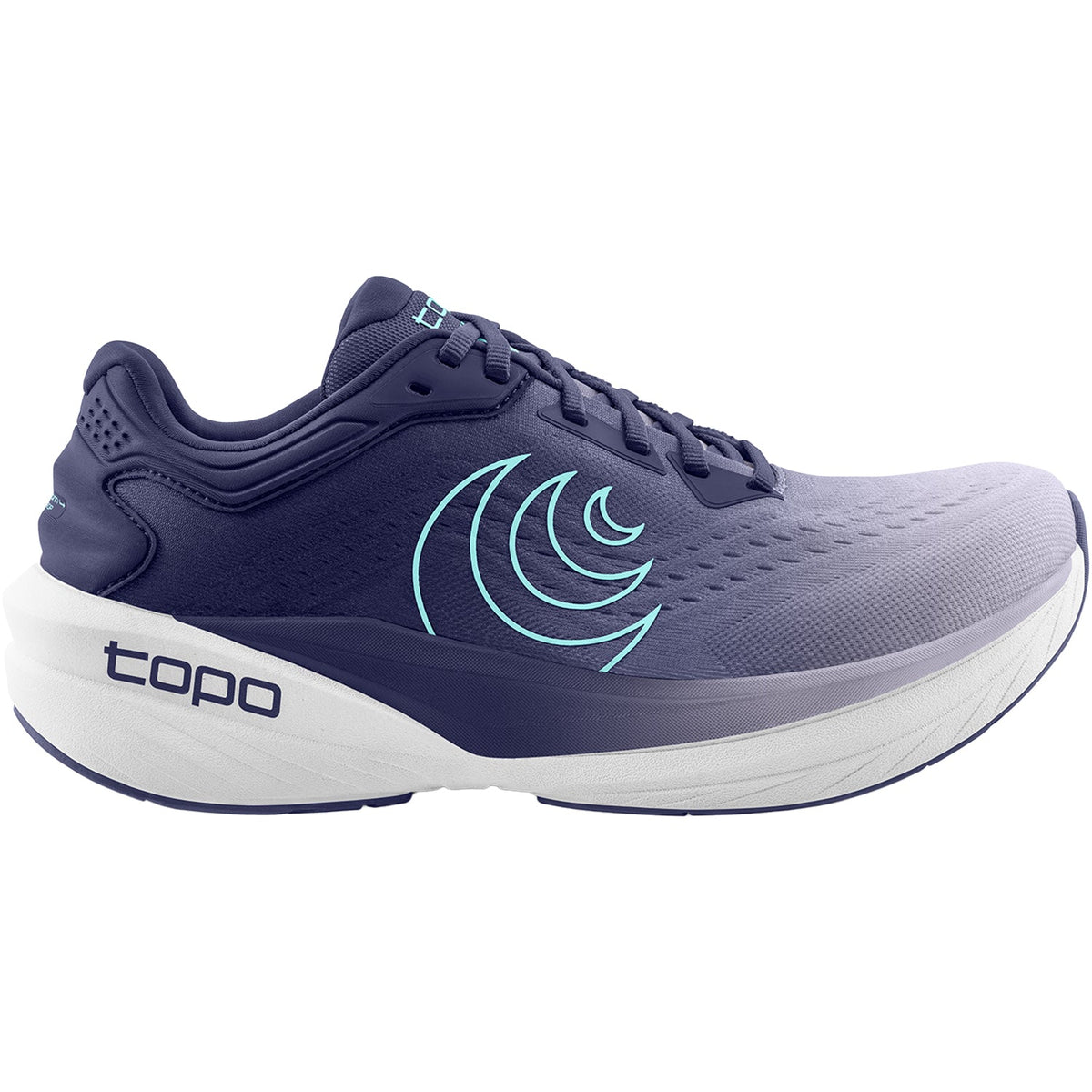 Side view on white background of Womens Topo Athletic Phantom 4 running shoe in Purple/Blue, Medium (Regular) width