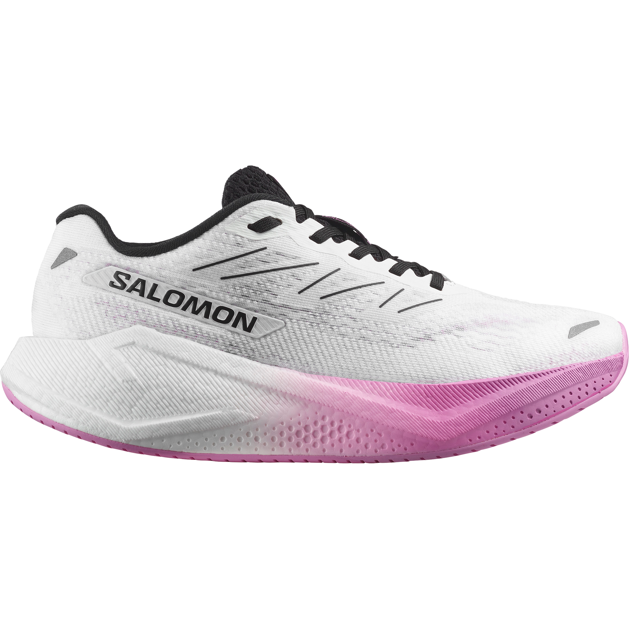 Side view on white background of Womens Salomon Aero Blaze running shoe in White/Black/Cyclamen, Medium (Regular) width