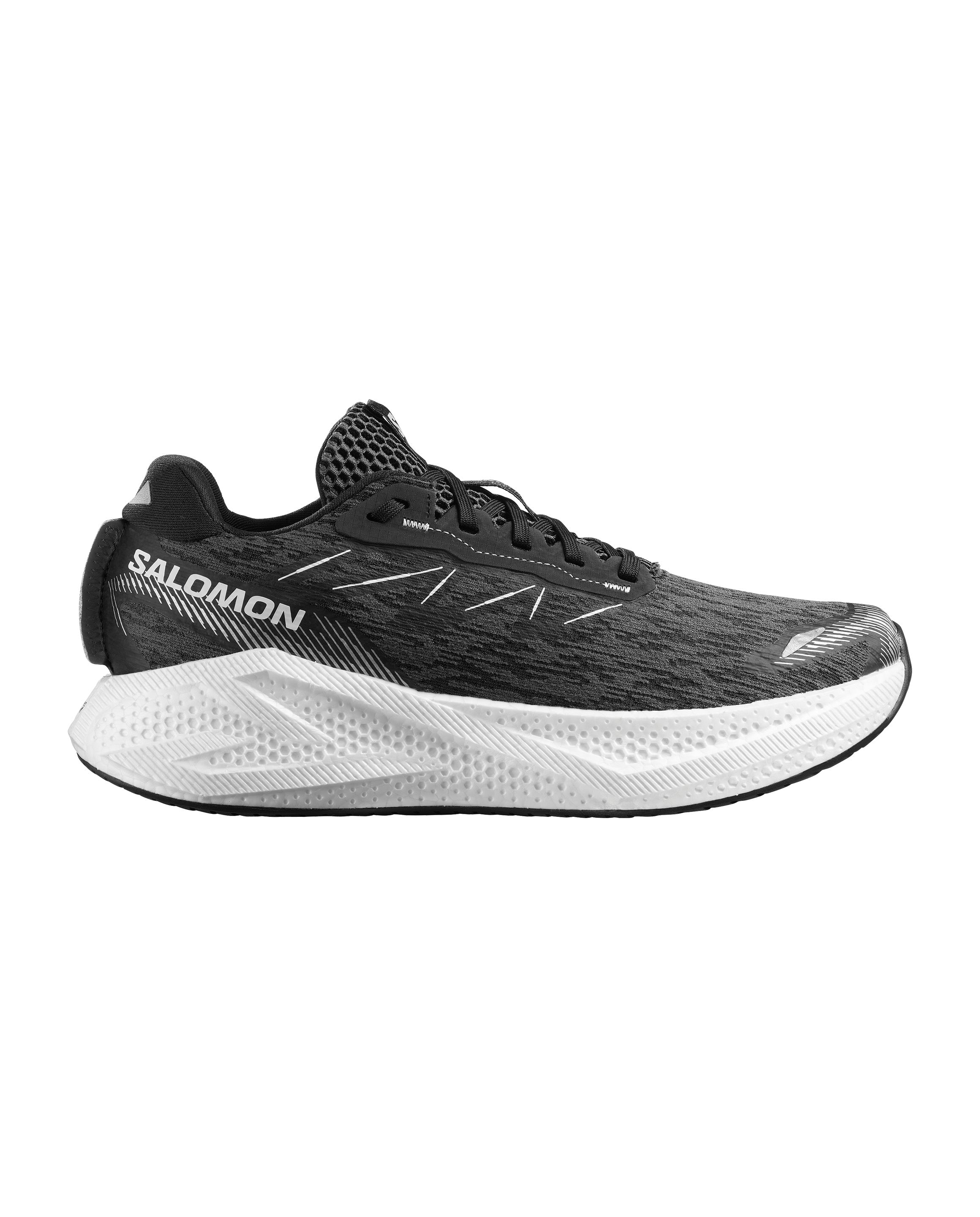 Side view on white background of Mens Salomon Aero Glide 4 running shoe in Black/White/Ftw Silver, Medium (Regular) width