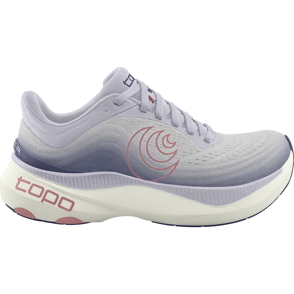 Side view on white background of Womens Topo Athletic Aura running shoe in Purple/Lilac, Medium (Regular) width