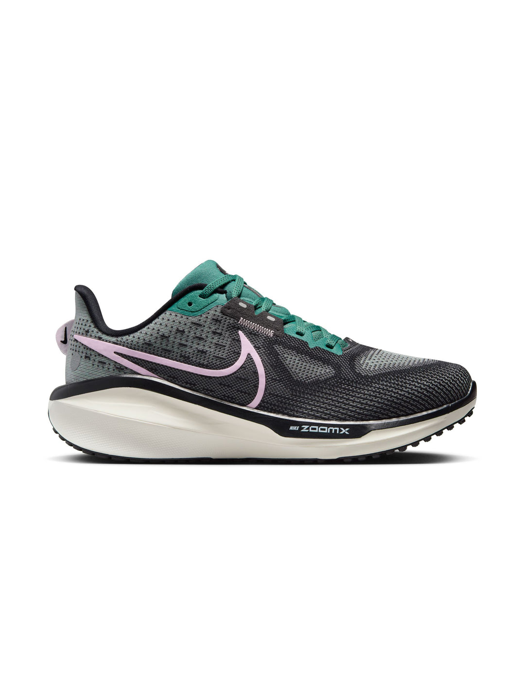 Side view on white background of Womens Nike Vomero 17 running shoe in Bicoastal/Pink Foam-Black, Medium (Regular) width