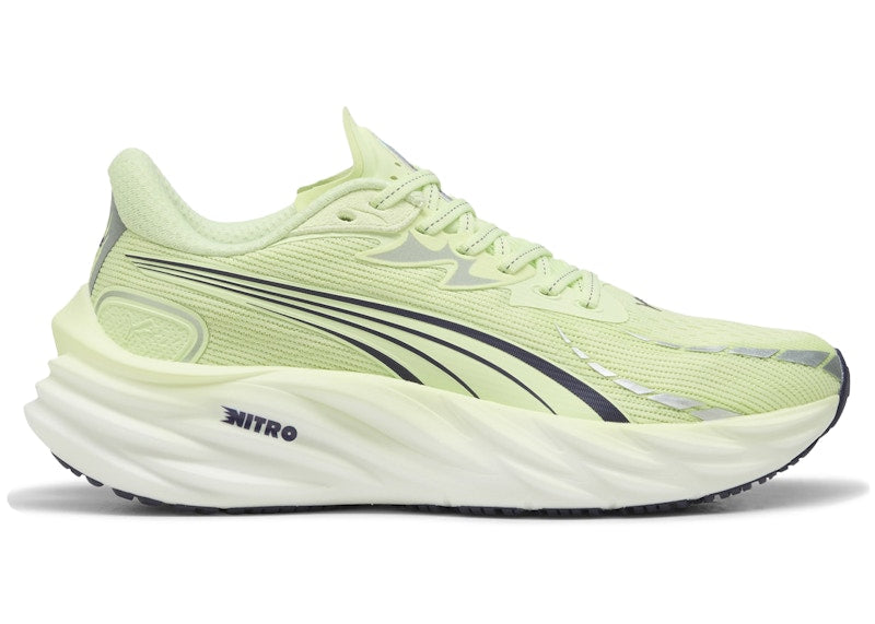 Side view on white background of Womens Puma Velocity Nitro 4 running shoe in Deep lum/Apple Spritz, Medium (Regular) width