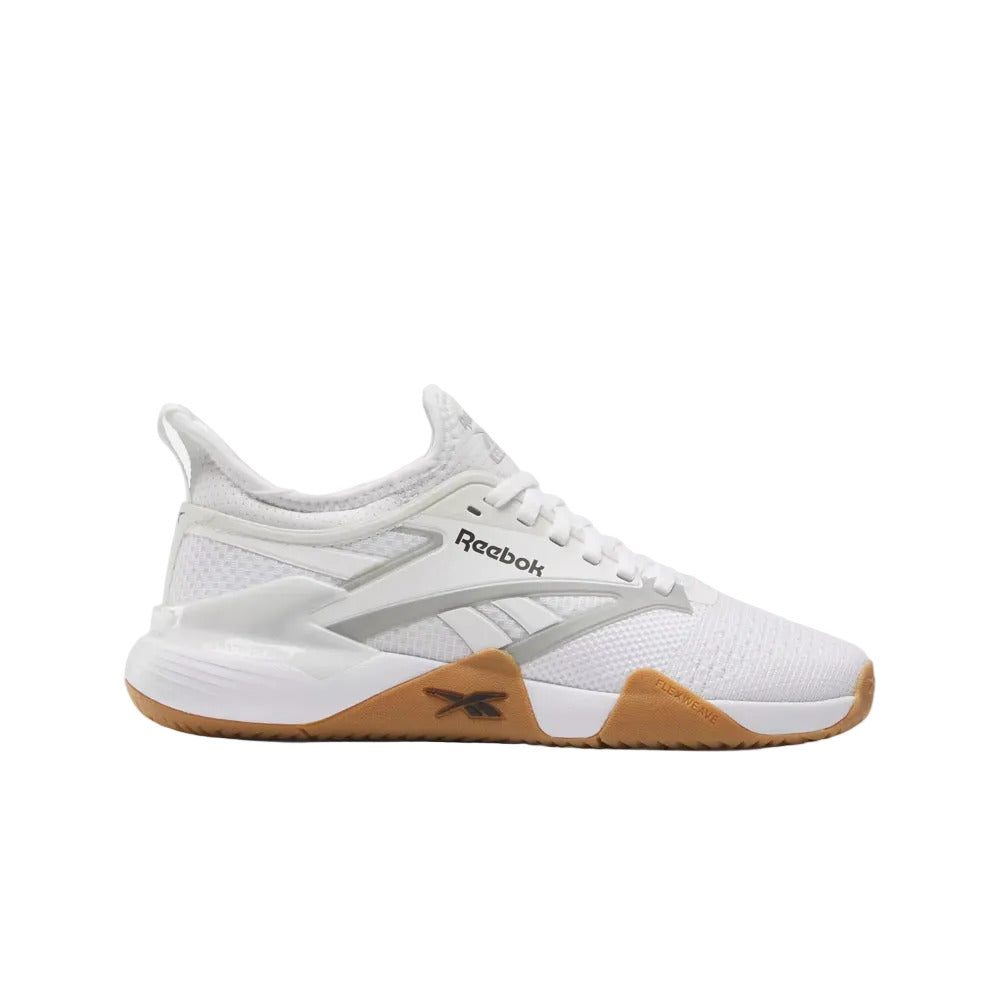 Side view on white background of Womens Reebok Nano Court running shoe in White/Black/Grey 1, Medium (Regular) width