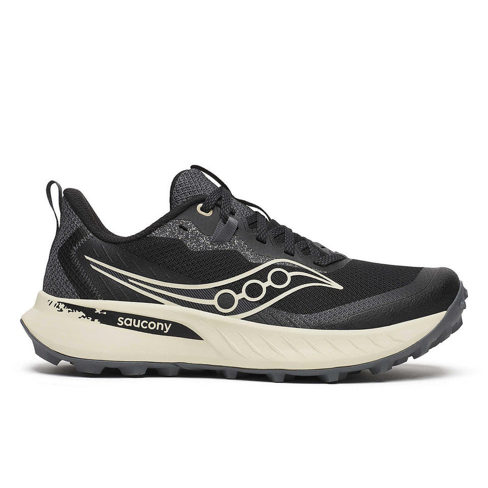 Side view on white background of Womens Saucony Peregrine 15 running shoe in Black/Pearl, Extra Wide width