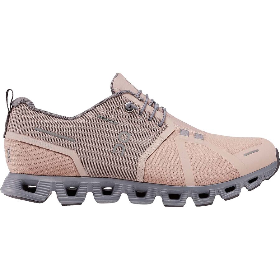Side view on white background of Womens On Cloud 5 Waterproof running shoe in Rose/Fossil, Medium (Regular) width