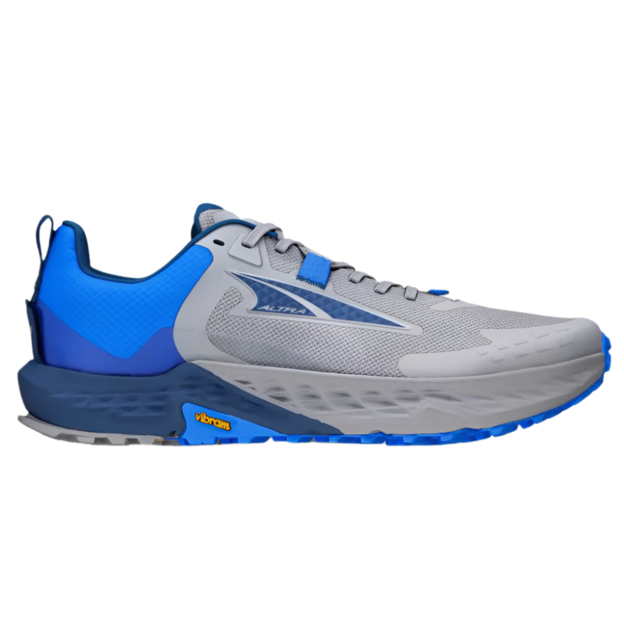 Side view on white background of Mens Altra Timp 5 running shoe in Gray/Blue, Medium (Regular) width
