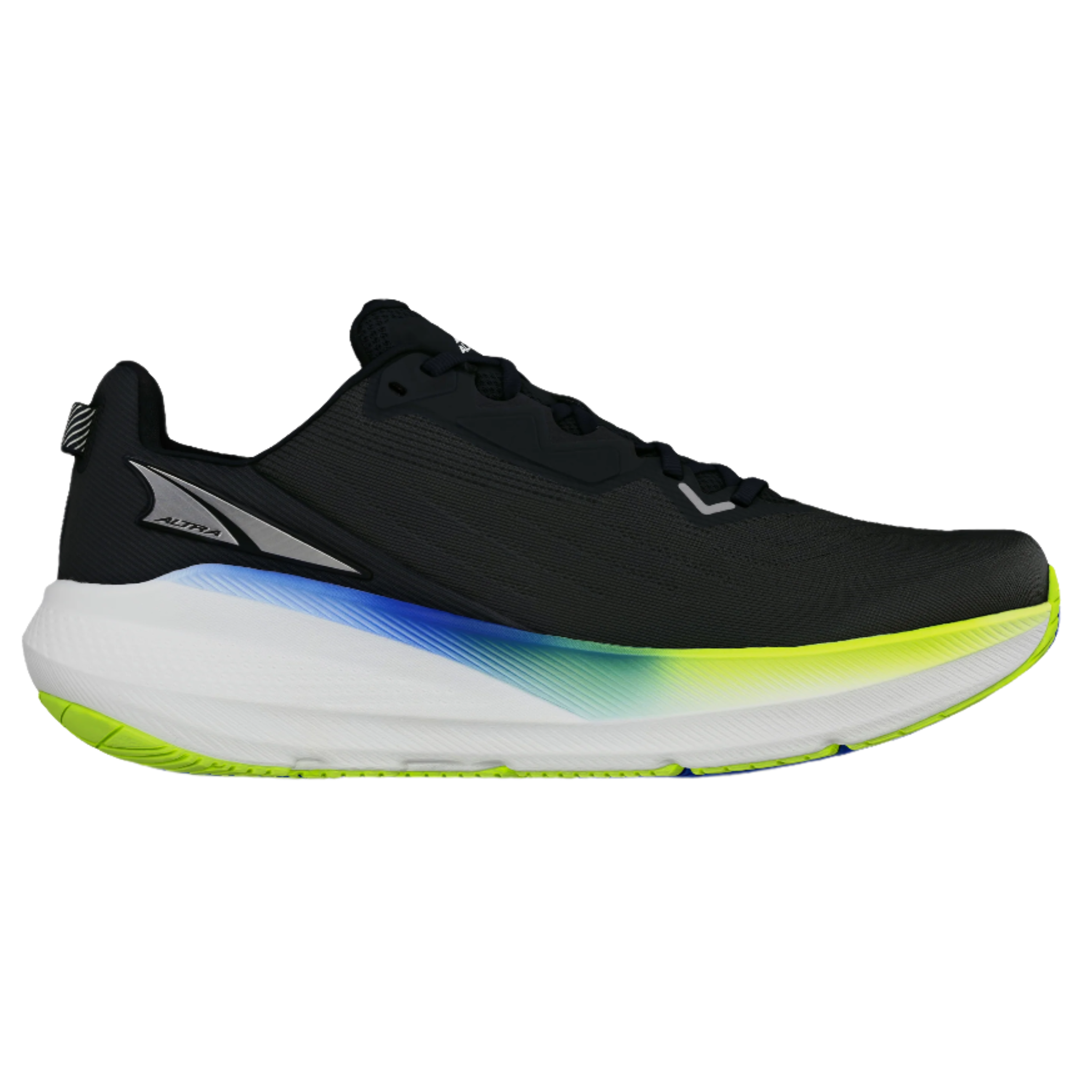 Side view on white background of Mens Altra FWD Via running shoe in Black/Blue, Medium (Regular) width