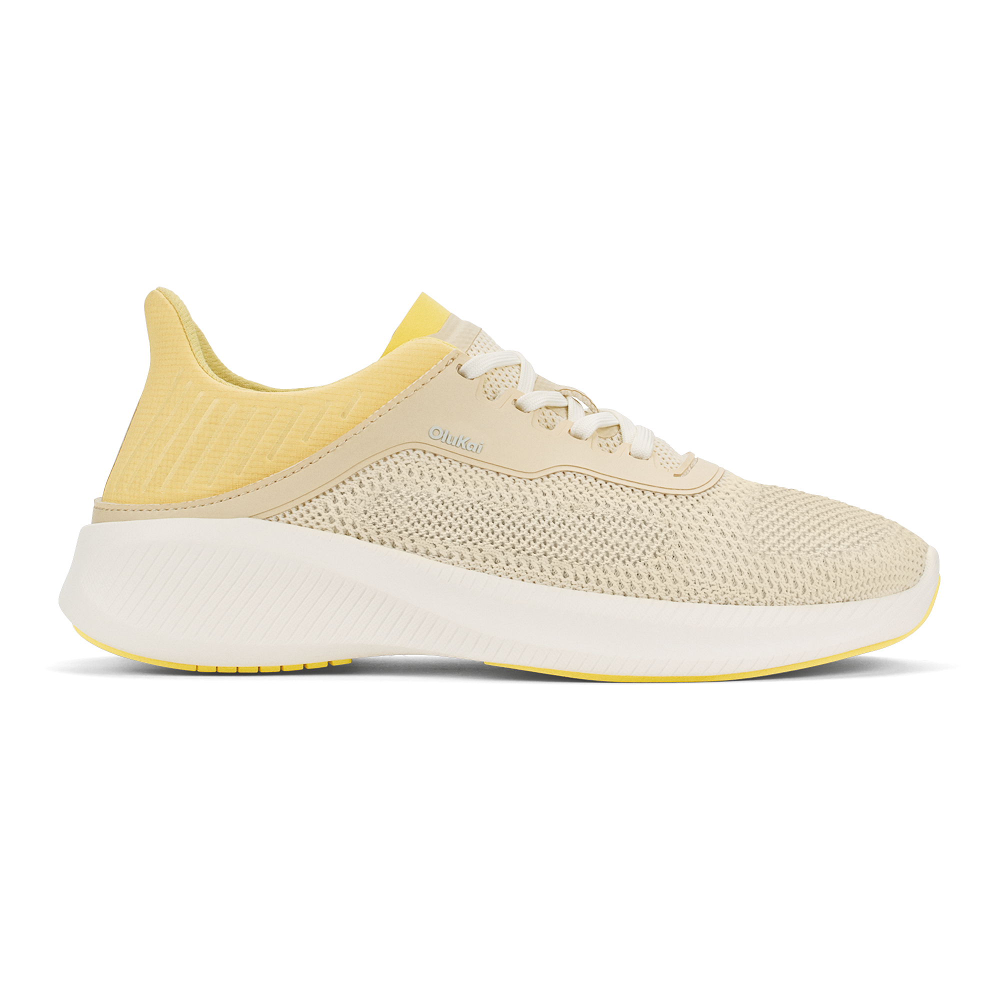 Side view on white background of Womens Olukai Island Hopper running shoe in Puka/Honey, Medium (Regular) width