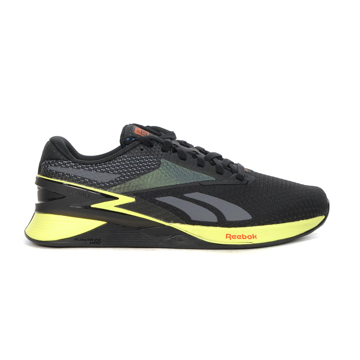 Side view on white background of Mens Reebok Nano running shoe in Cblack/Eneglw/Smaora, Medium (Regular) width