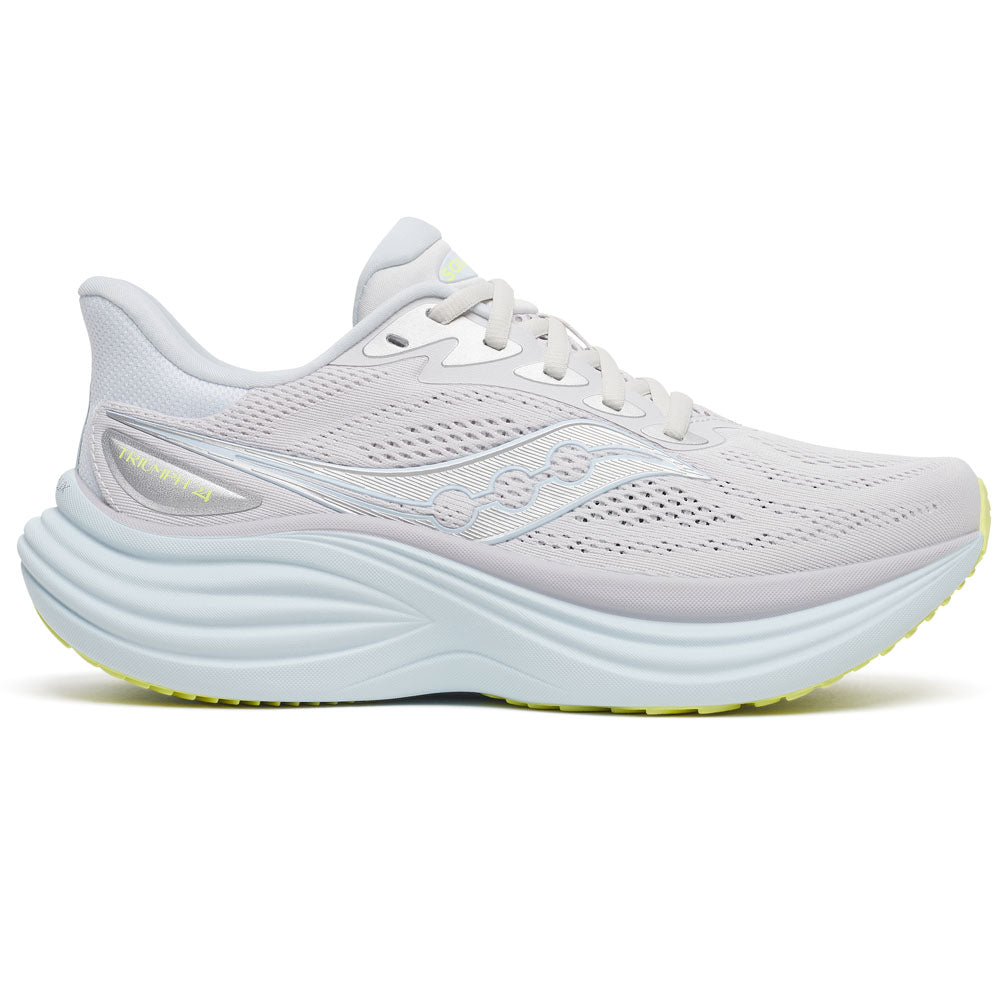 Side view on white background of Womens Saucony Triumph running shoe in Fog/Ice Melt, Medium (Regular) width
