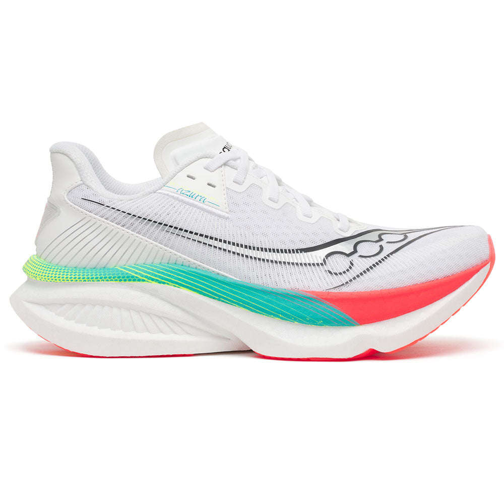 Side view on white background of Mens Saucony Endorphin Azura running shoe in White/Multi, Medium (Regular) width