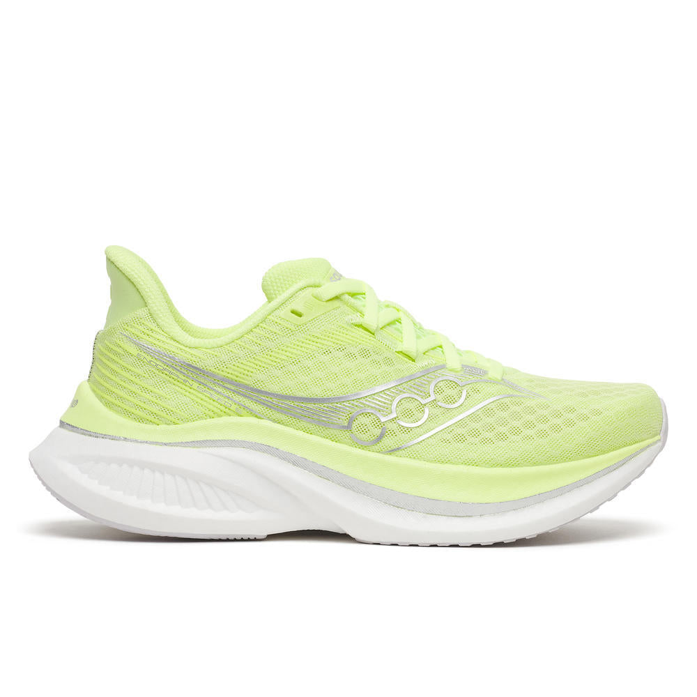 Side view on white background of Womens Saucony Endorphin Speed 5 running shoe in Tart/Silver, Medium (Regular) width