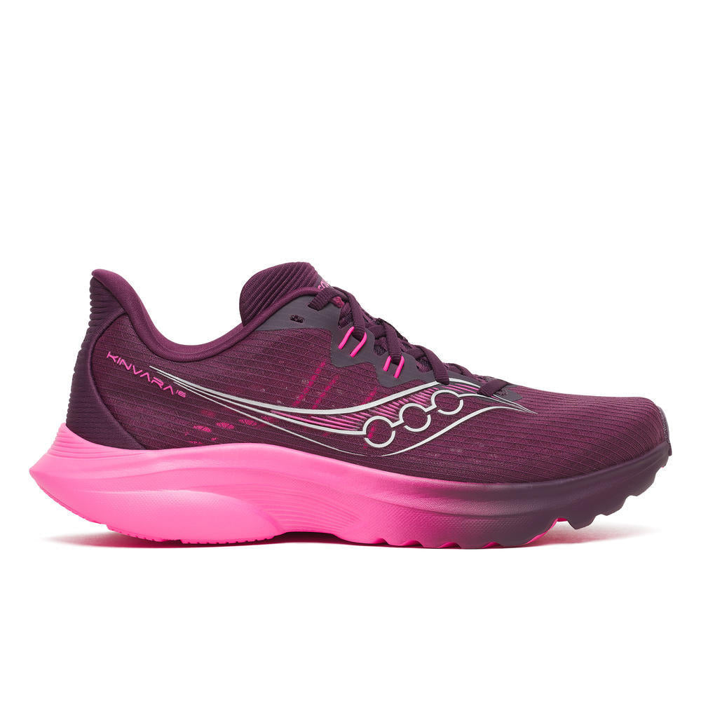 Side view on white background of Womens Saucony Kinvara 16 running shoe in Egg Plant/Shock, Medium (Regular) width