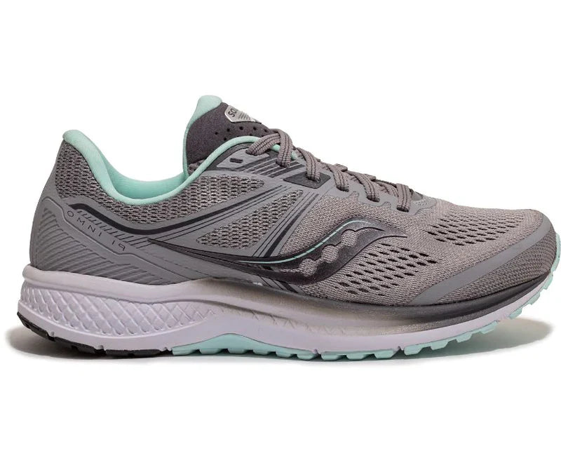 Side view on white background of Womens Saucony Omni 19 running shoe in Alloy and Sky, Medium (Regular) width