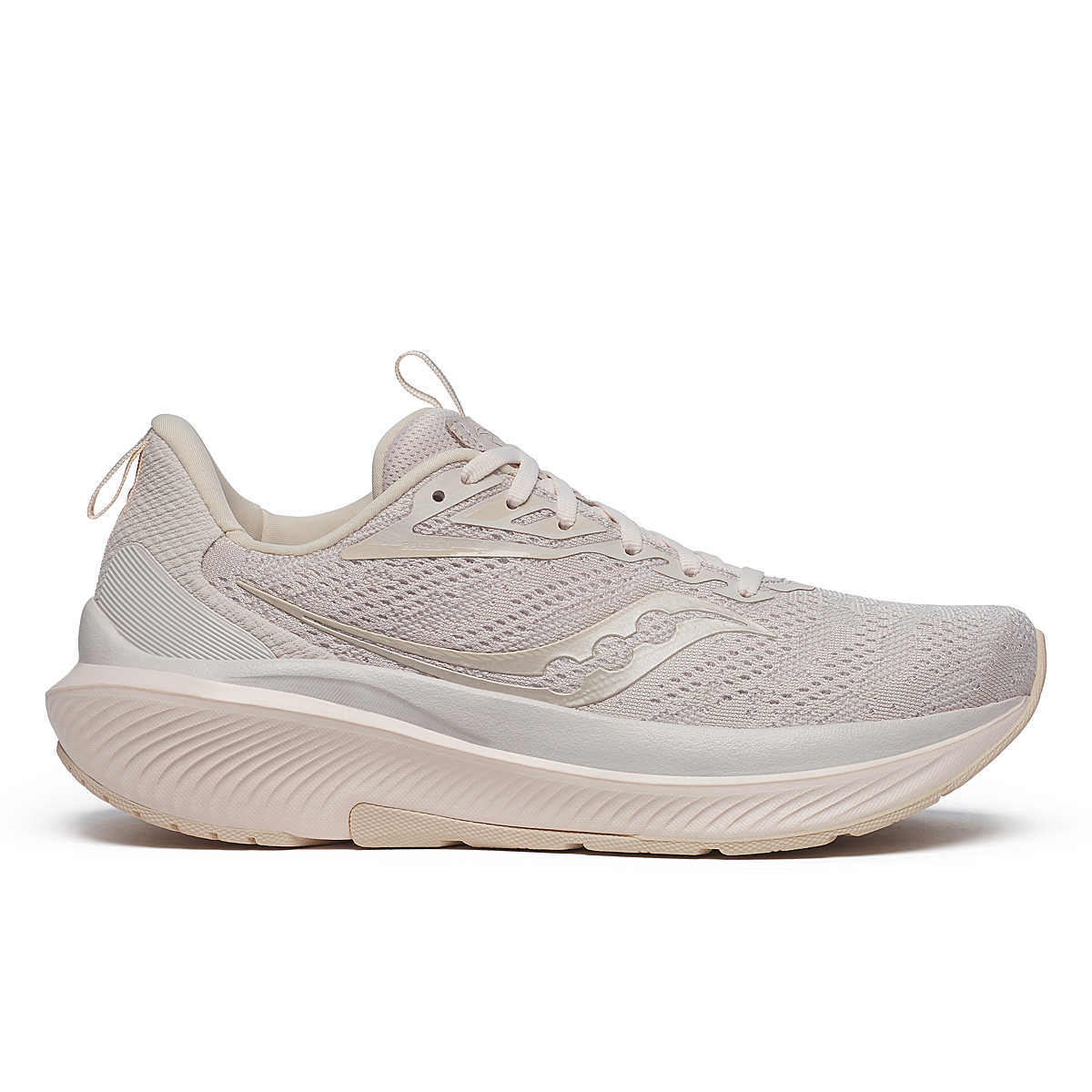 Side view on white background of Womens Saucony Echelon 9 running shoe in Moon/Pearl, Medium (Regular) width