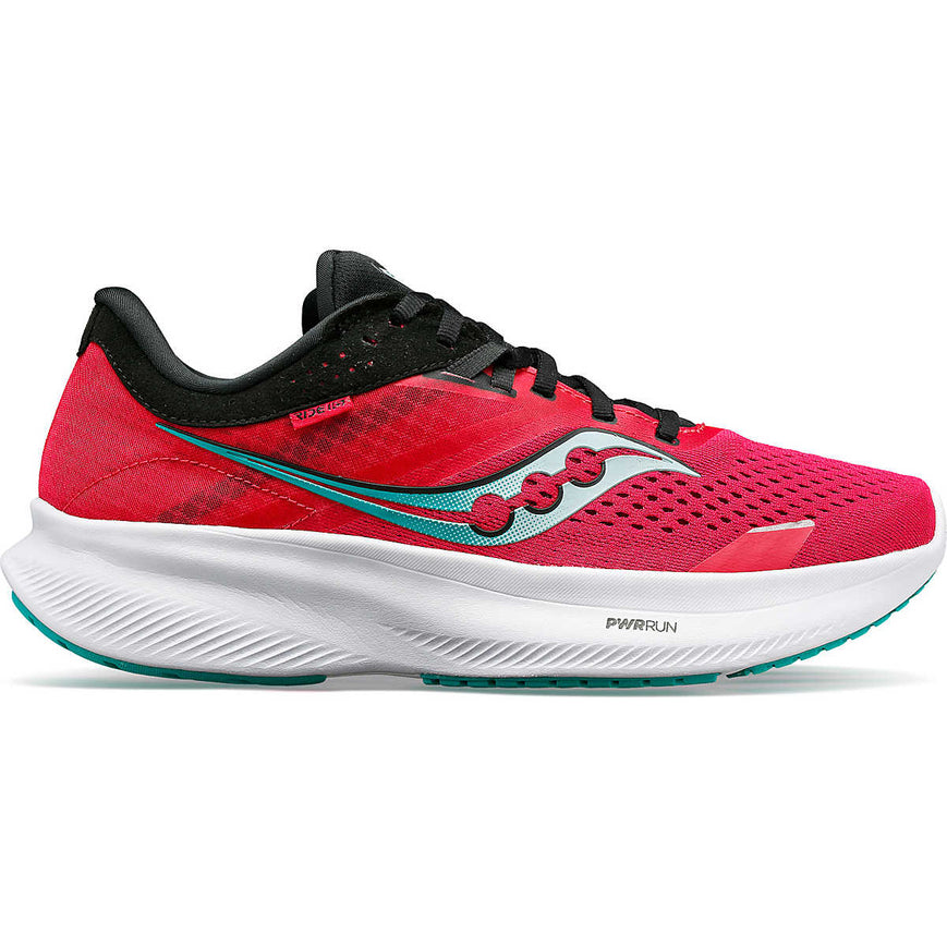 Side view on white background of Womens Saucony Ride 16 running shoe in Rose/Black, Medium (Regular) width